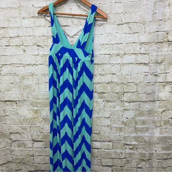 J Crew Blue Green Chevron Print V Neck Sleeveless Maxi Dress - Picture 4 of 7